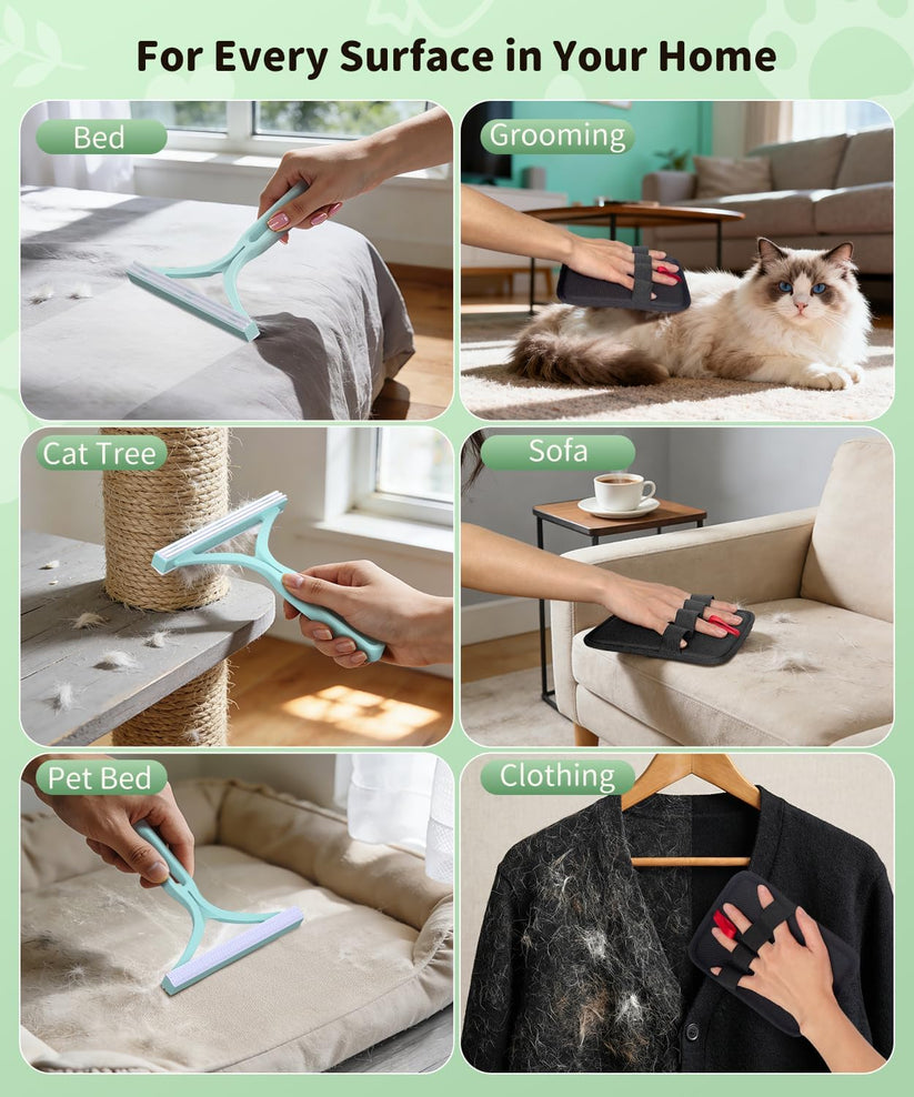 Three-piece pet hair cleanup set with carpet rake