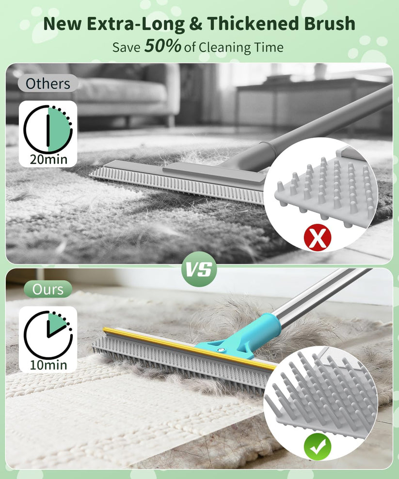Adjustable long-handle carpet rake for loose pet hair