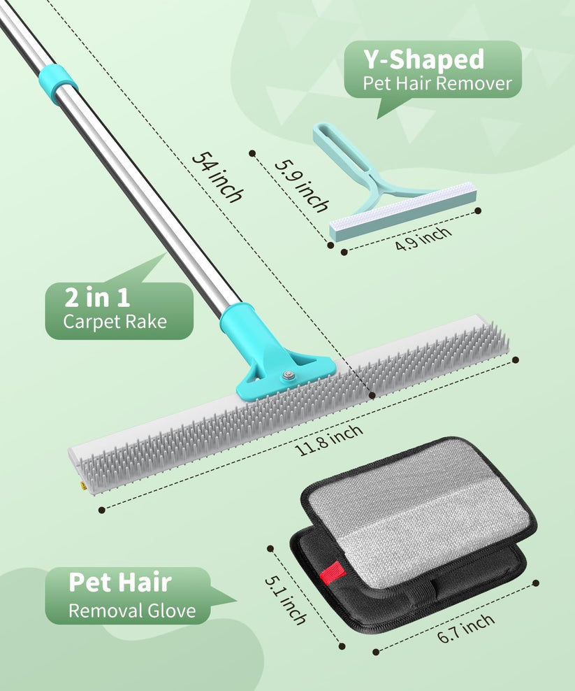 Reusable carpet rake, hand scraper and grooming glove set
