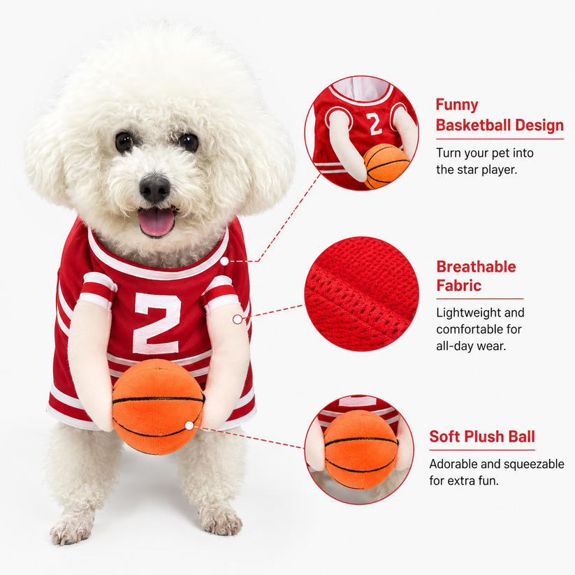 Dog in HoopHero basketball costume for Halloween and parties