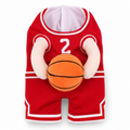 Dog wearing red HoopHero basketball pet costume from the side