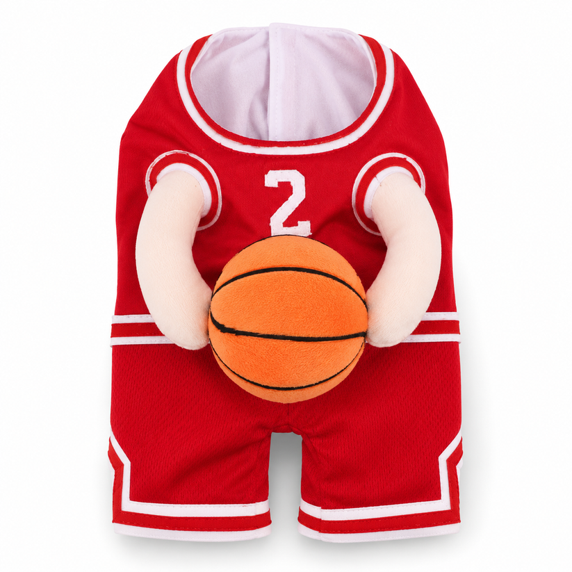 Dog wearing red HoopHero basketball pet costume from the side