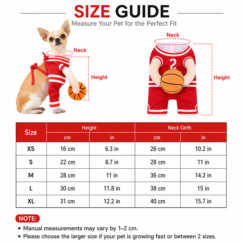 HoopHero basketball costume size options for dogs and cats