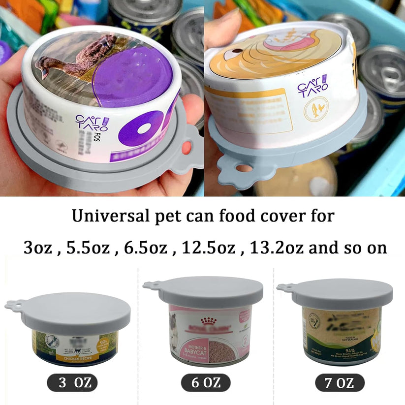 Three reusable silicone pet food can covers with spoon